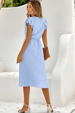 Branco Gola em V Midi Vestido de Verão