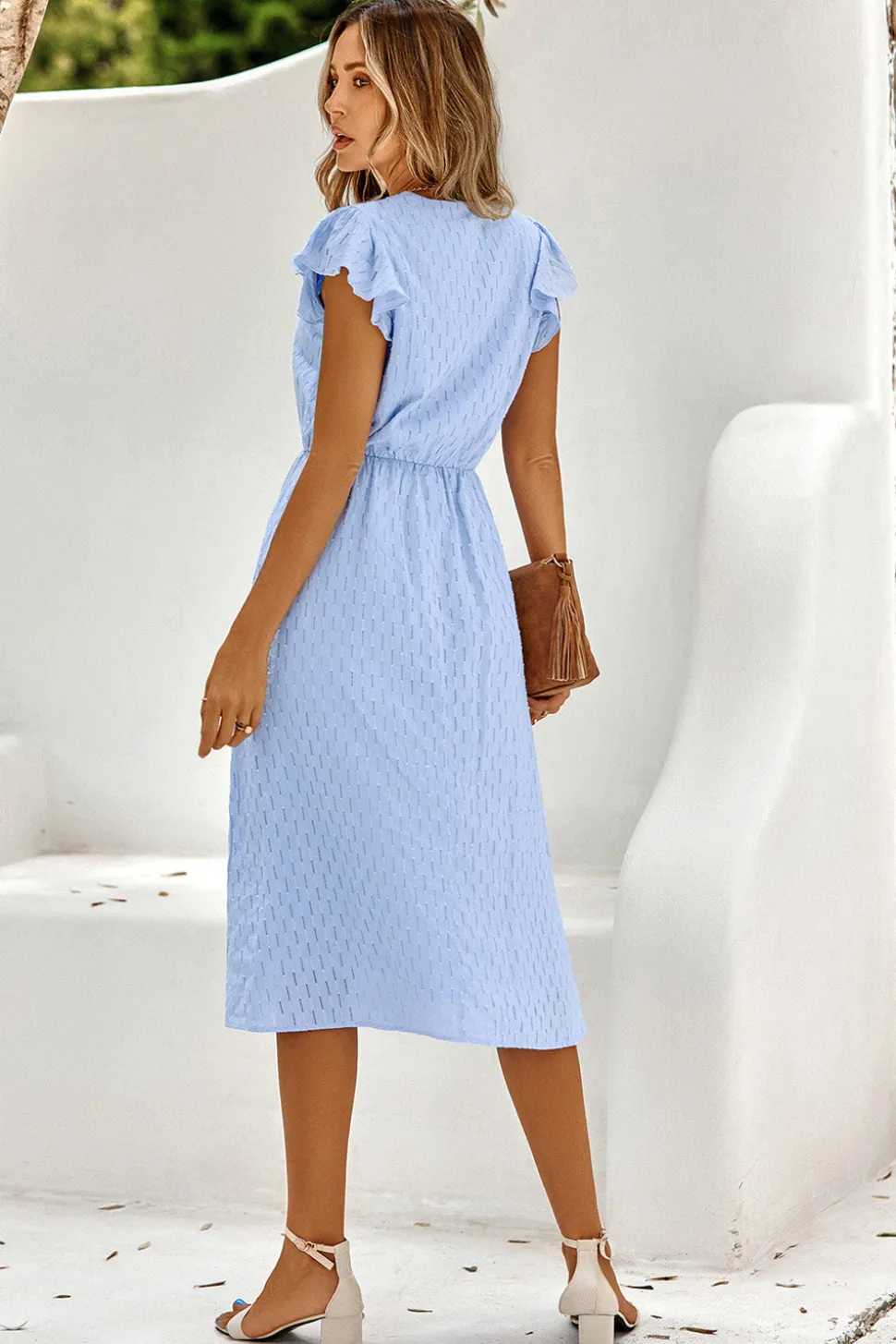 Branco Gola em V Midi Vestido de Verão