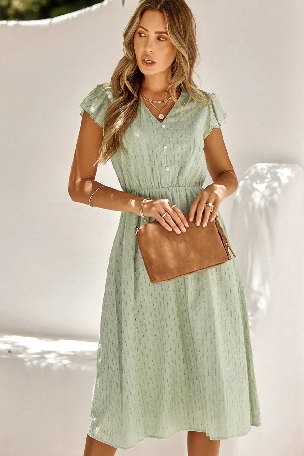 Branco Gola em V Midi Vestido de Verão