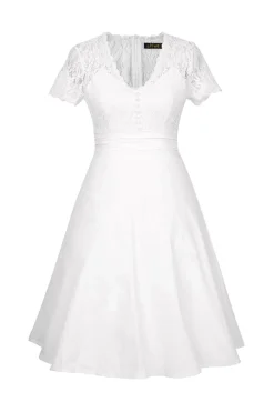 Branco Gola em V 1950s Vestido Com Renda
