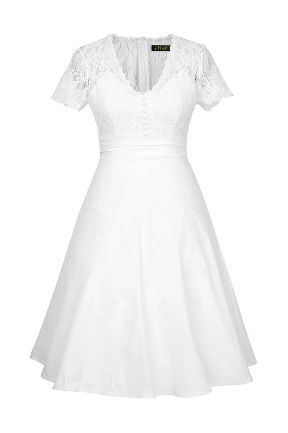 Branco Gola em V 1950s Vestido Com Renda