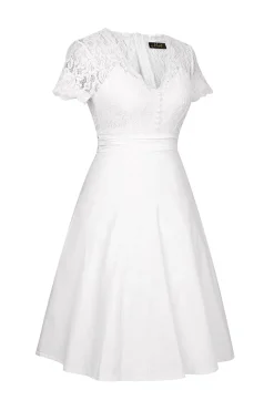 Branco Gola em V 1950s Vestido Com Renda
