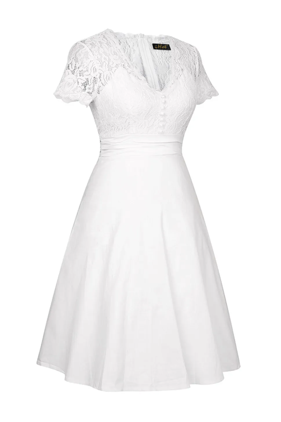 Branco Gola em V 1950s Vestido Com Renda