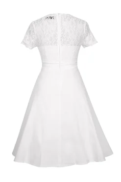 Branco Gola em V 1950s Vestido Com Renda