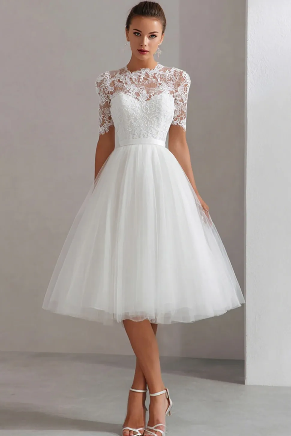 Branco High Neck Uma Linha Renda Courthouse Vestido de Noiva