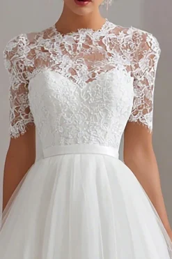 Branco High Neck Uma Linha Renda Courthouse Vestido de Noiva
