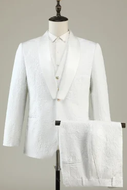 Branco Jacquard Lapela Shawl 3 Peças Fato Formal