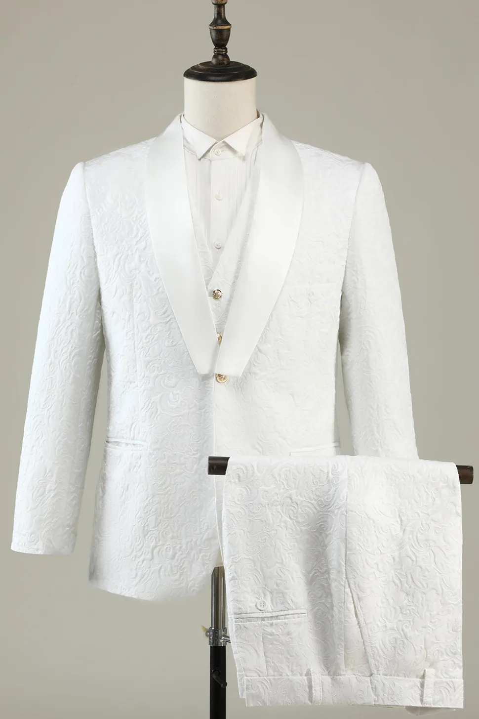 Branco Jacquard Lapela Shawl 3 Peças Fato Formal