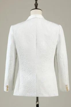 Branco Jacquard Lapela Shawl 3 Peças Fato Formal