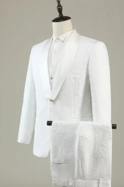 Branco Jacquard Lapela Shawl 3 Peças Fato Formal
