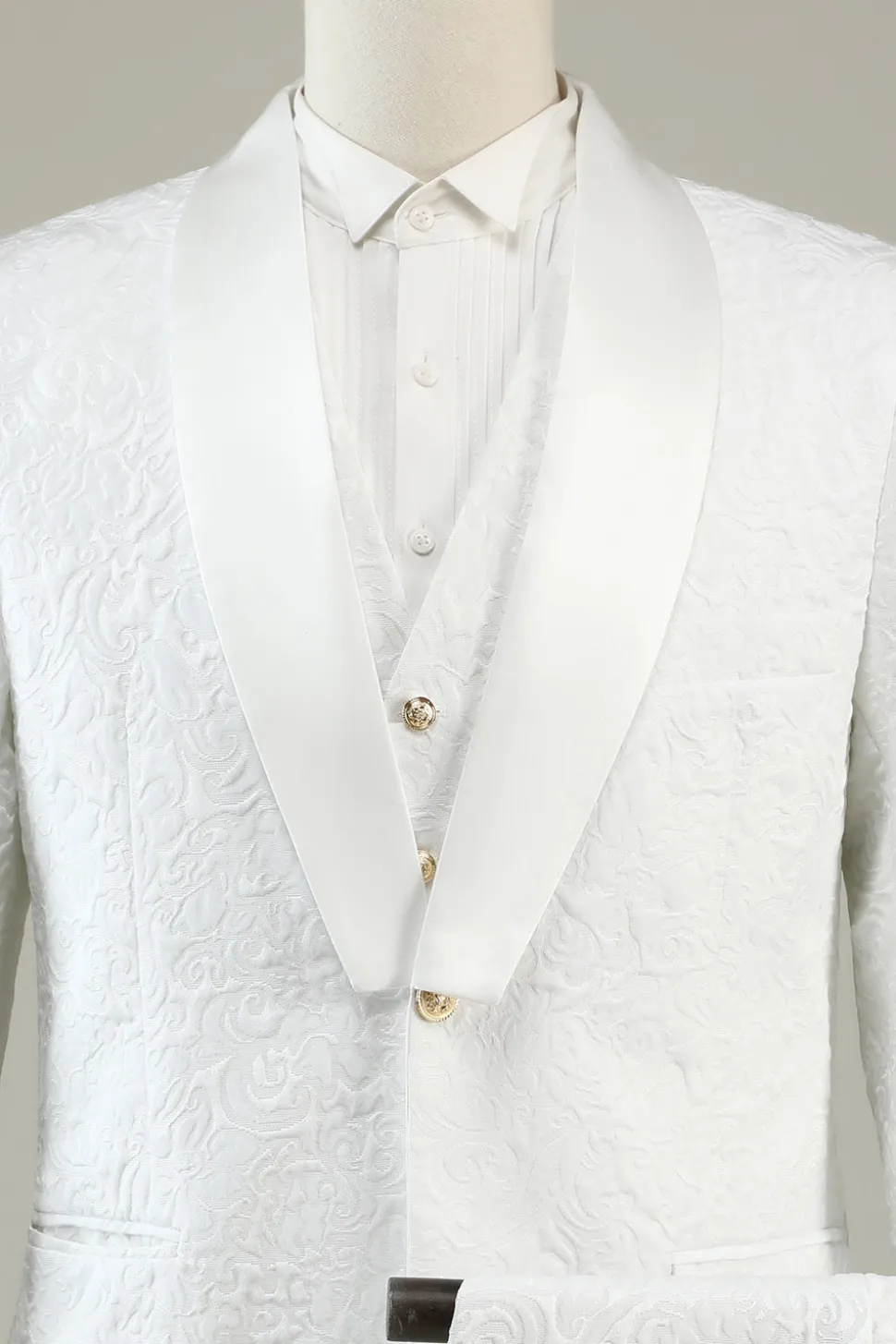 Branco Jacquard Lapela Shawl 3 Peças Fato Formal