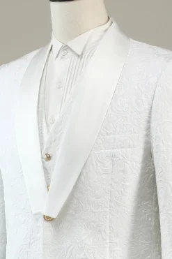 Branco Jacquard Lapela Shawl 3 Peças Fato Formal