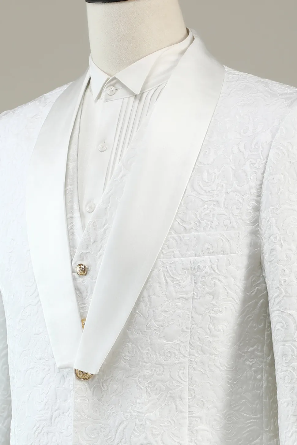 Branco Jacquard Lapela Shawl 3 Peças Fato Formal