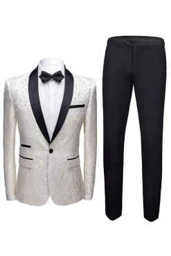Branco Jacquard Terno Masculino 2 Peças