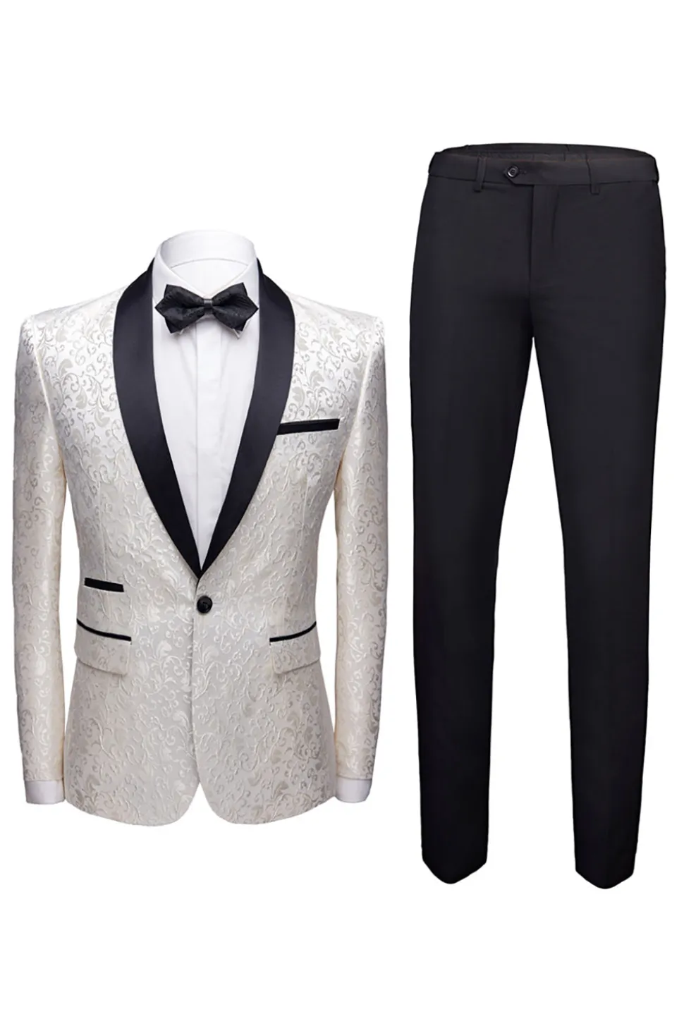 Branco Jacquard Terno Masculino 2 Peças