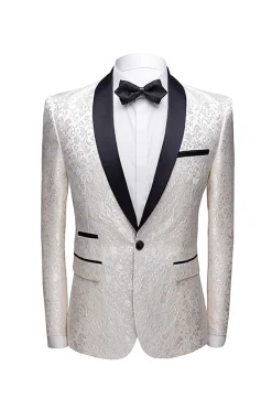 Branco Jacquard Terno Masculino 2 Peças