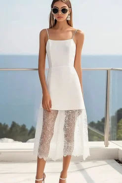 Branco Linha-A Alças Finas Midi Vestido de Formatura com Renda