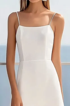 Branco Linha-A Alças Finas Midi Vestido de Formatura com Renda
