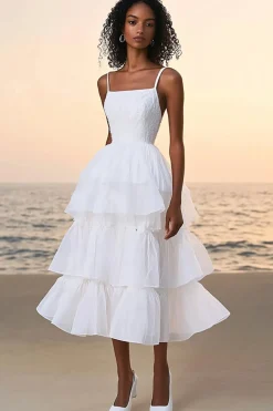 Branco Linha-A Babados Pescoço Quadrado Midi Vestidinho Branco