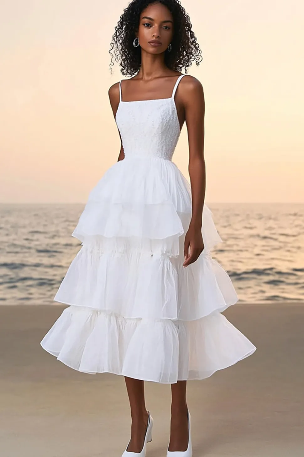 Branco Linha-A Babados Pescoço Quadrado Midi Vestidinho Branco