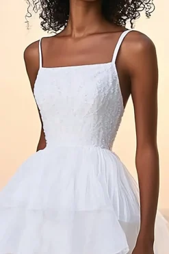 Branco Linha-A Babados Pescoço Quadrado Midi Vestidinho Branco