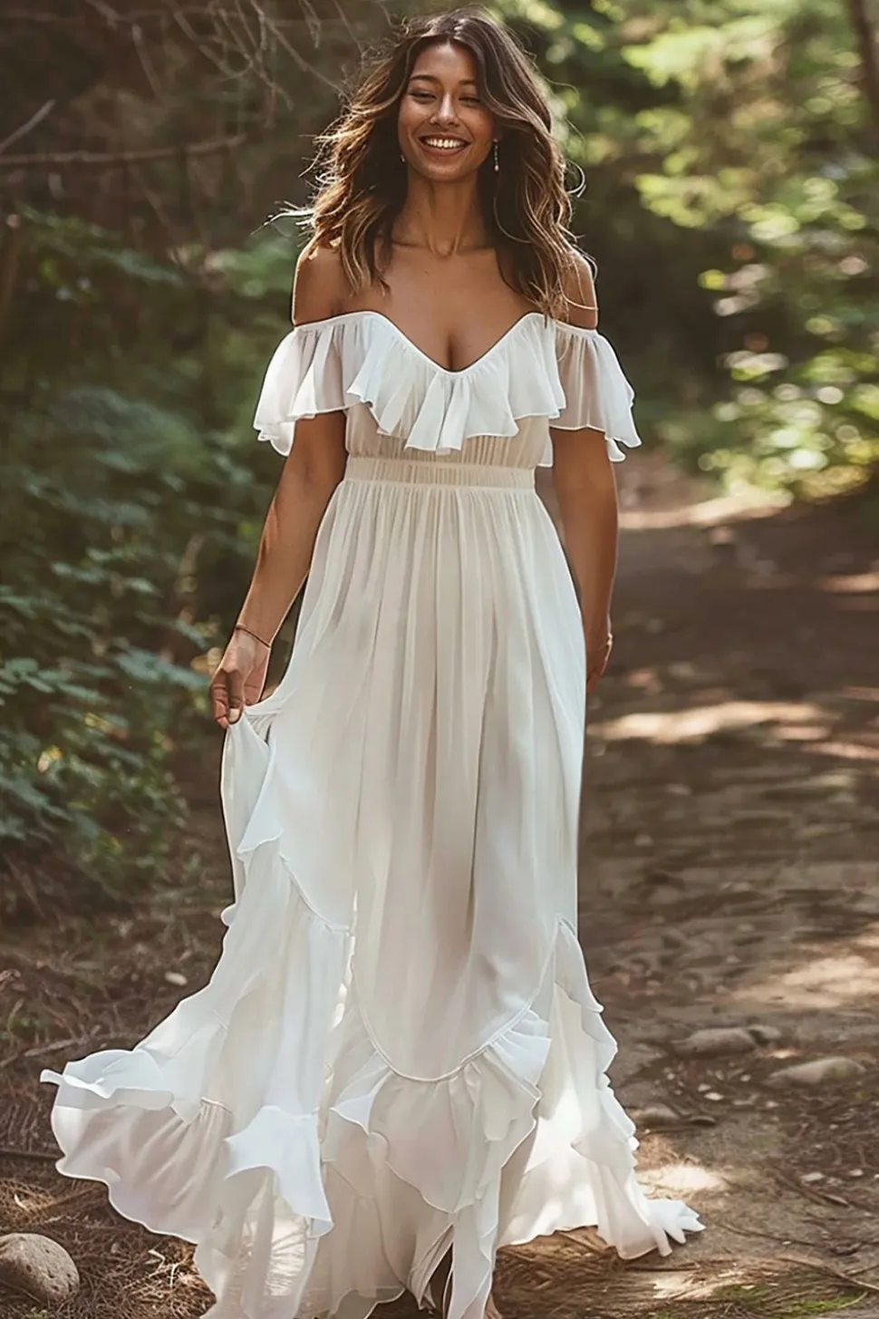 Branco Linha-A Babados Sem Ombros Longos Vestidos de Noiva