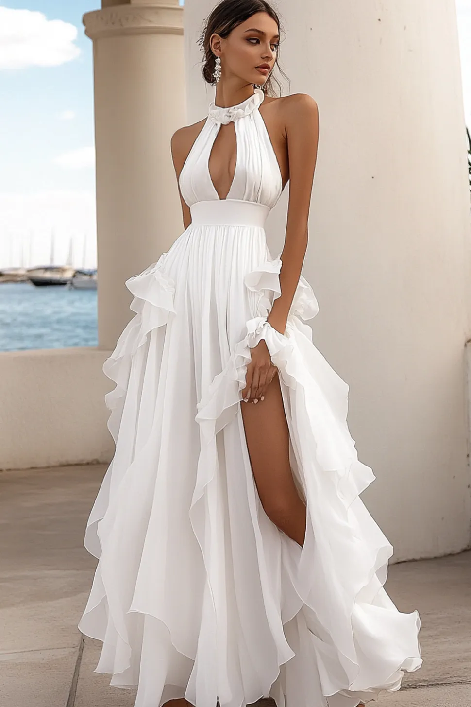 Branco Linha-A Cabeçada Chiffon Longo Vestido De Baile com Fenda