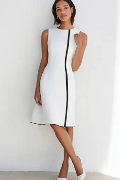 Branco Linha-A Cetim Sem Mangas Midi Vestidos Cerimónia