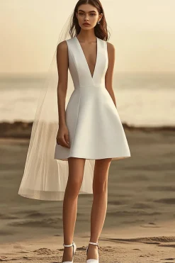 Branco Linha-A Decote em V Curto Vestidos de Noiva