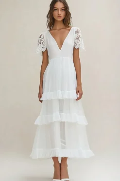 Branco Linha-A Decote em V Longo Vestidos de Noiva com Mangas Curtas