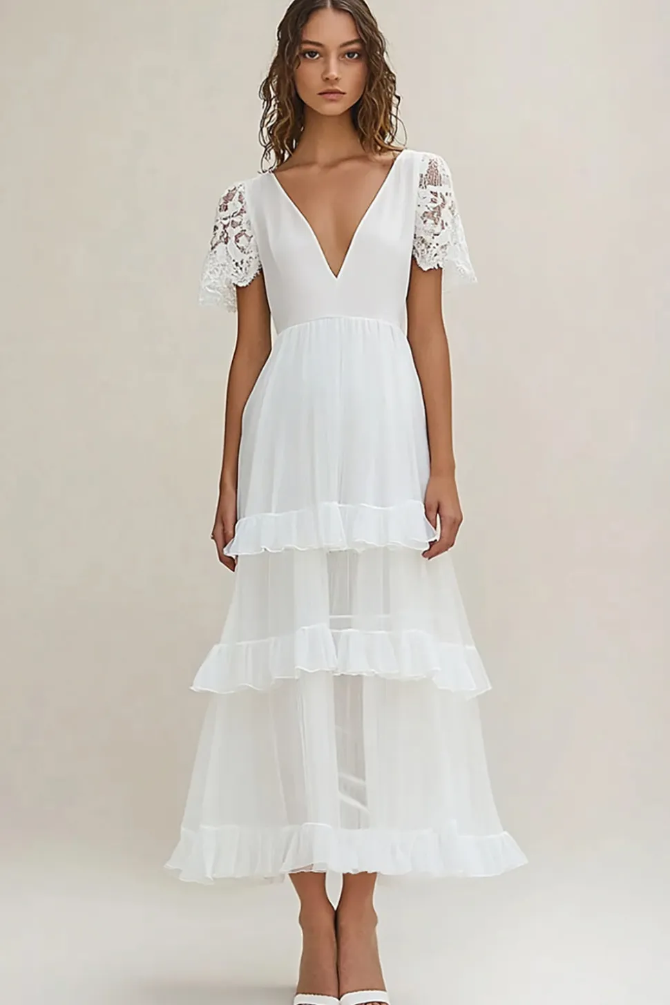 Branco Linha-A Decote em V Longo Vestidos de Noiva com Mangas Curtas