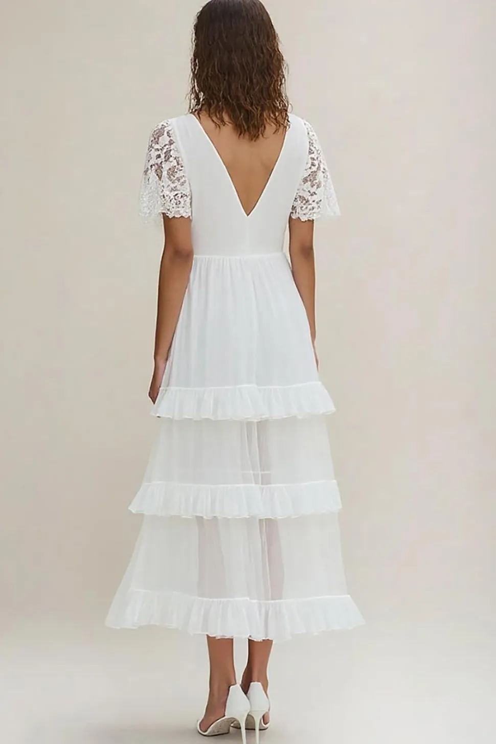 Branco Linha-A Decote em V Longo Vestidos de Noiva com Mangas Curtas