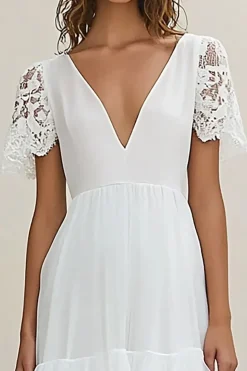 Branco Linha-A Decote em V Longo Vestidos de Noiva com Mangas Curtas