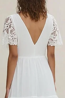 Branco Linha-A Decote em V Longo Vestidos de Noiva com Mangas Curtas