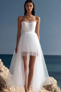 Branco Linha-A Direto Plissado Tule Vestidos de Noiva