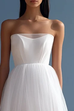 Branco Linha-A Direto Plissado Tule Vestidos de Noiva