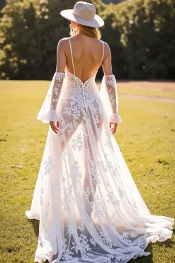 Branco Linha-A Espartilho Renda Sweep/Brush Trem Vestido de Noiva Boho