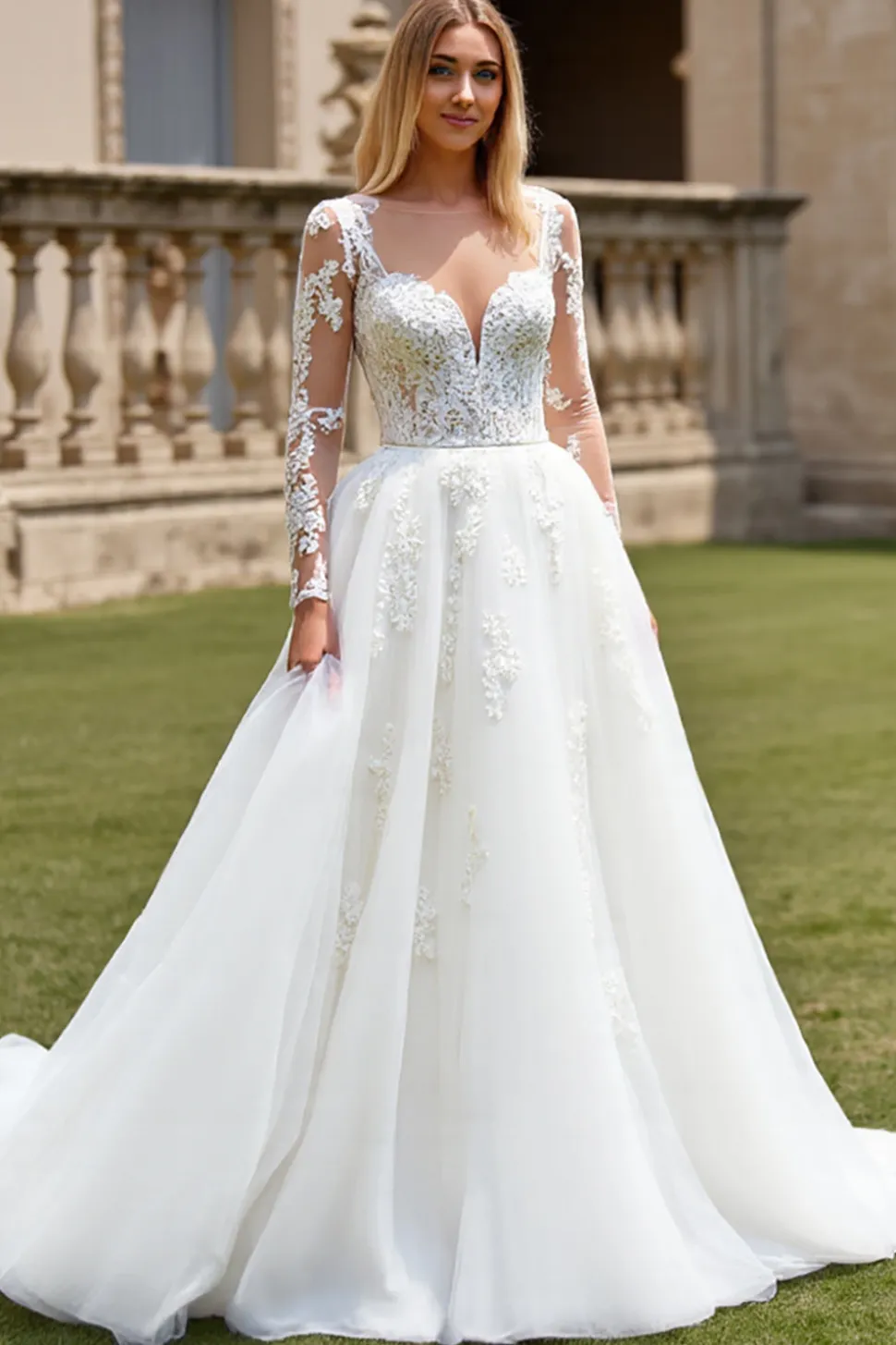 Branco Linha-A Mangas Compridas Tule Vestido de Noiva Longo com Apliques