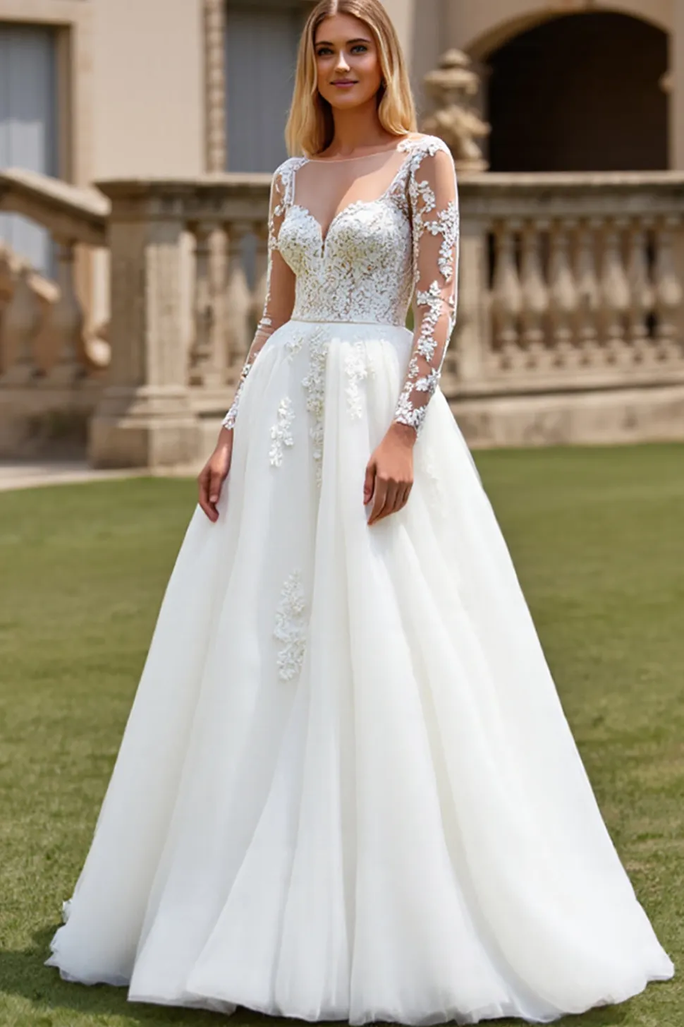 Branco Linha-A Mangas Compridas Tule Vestido de Noiva Longo com Apliques