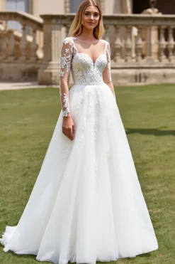 Branco Linha-A Mangas Compridas Tule Vestido de Noiva Longo com Apliques
