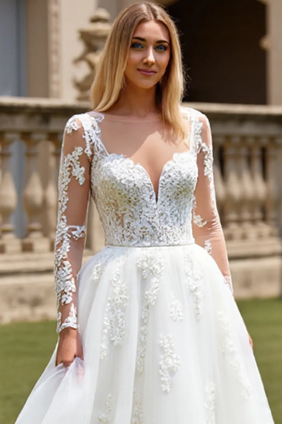 Branco Linha-A Mangas Compridas Tule Vestido de Noiva Longo com Apliques