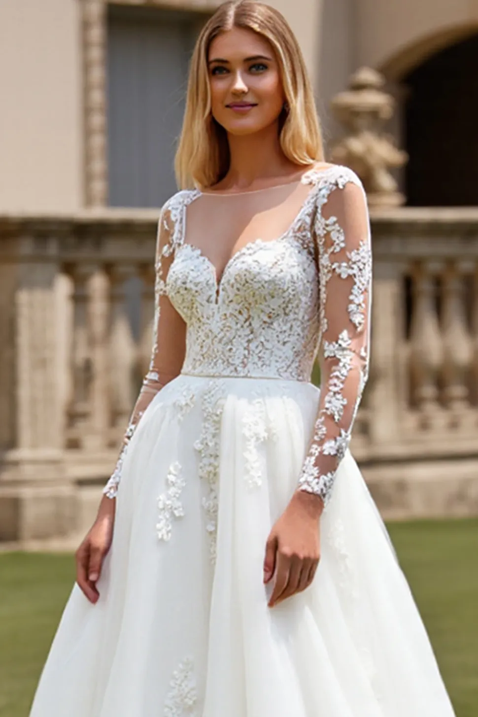 Branco Linha-A Mangas Compridas Tule Vestido de Noiva Longo com Apliques