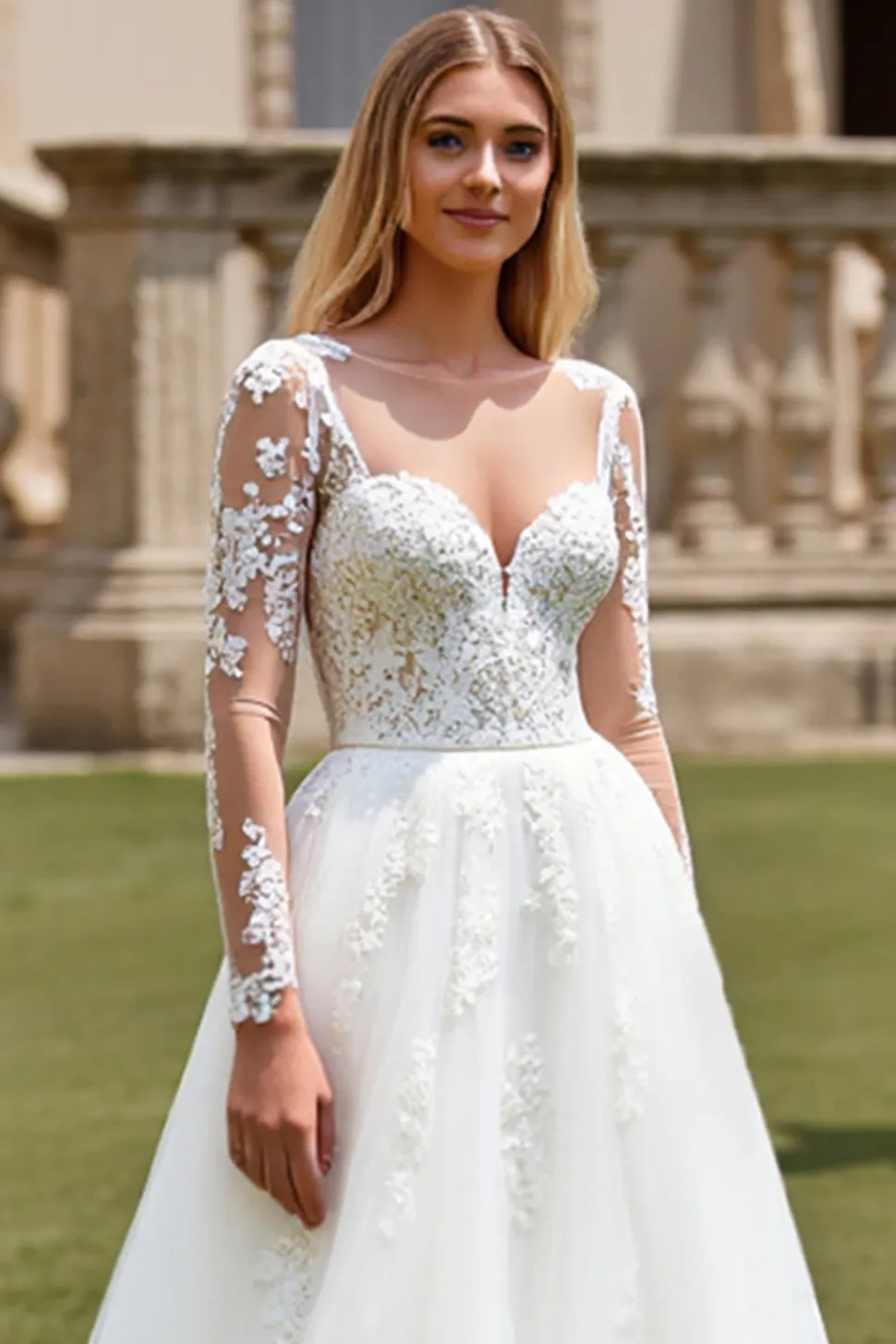 Branco Linha-A Mangas Compridas Tule Vestido de Noiva Longo com Apliques