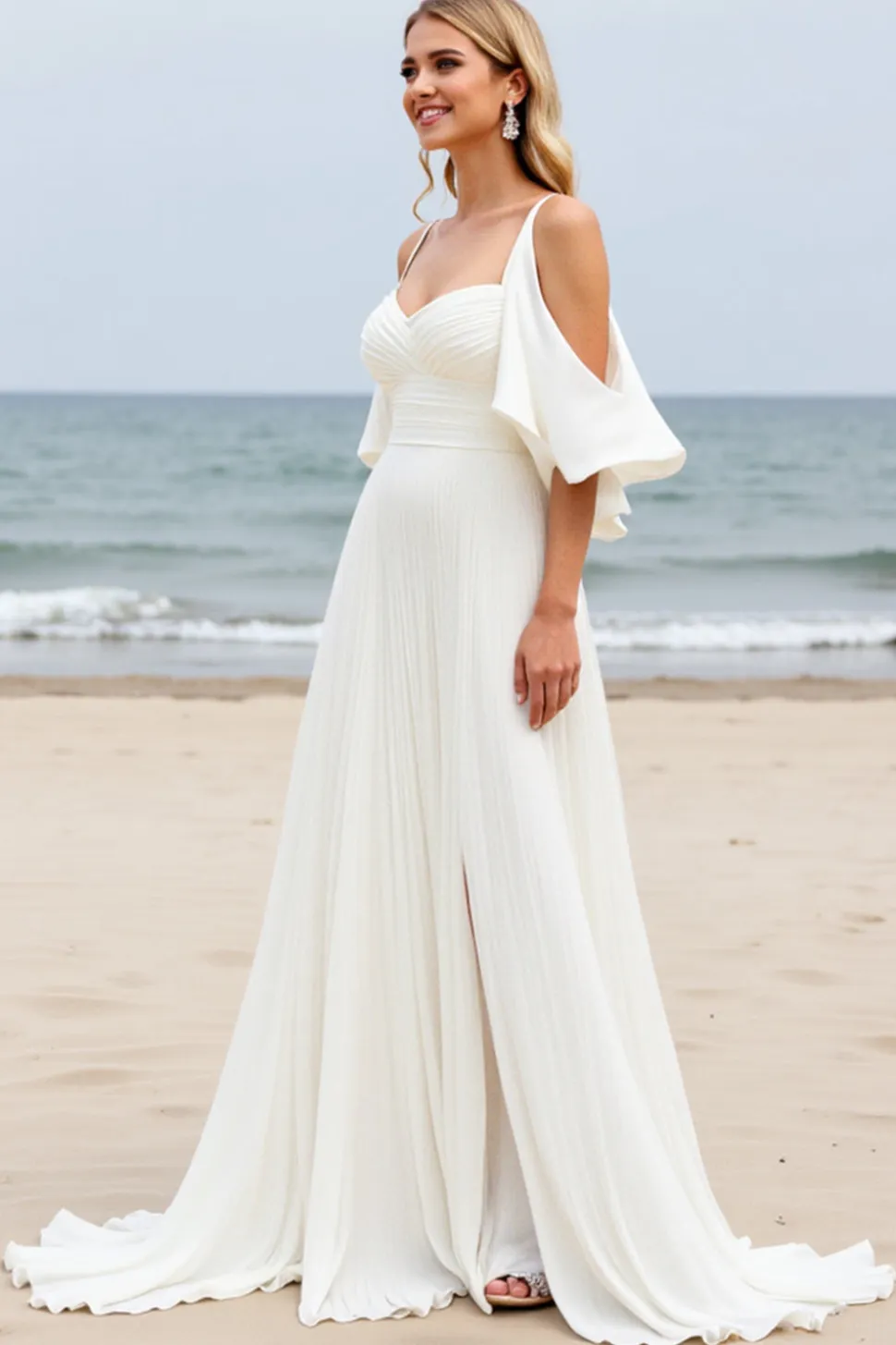 Branco Linha-A Ombro Frio Longos Vestidos de Noiva com Fenda
