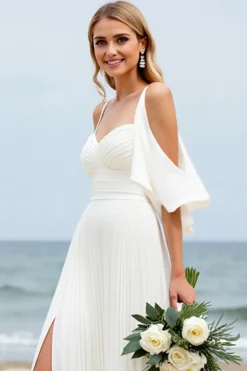 Branco Linha-A Ombro Frio Longos Vestidos de Noiva com Fenda