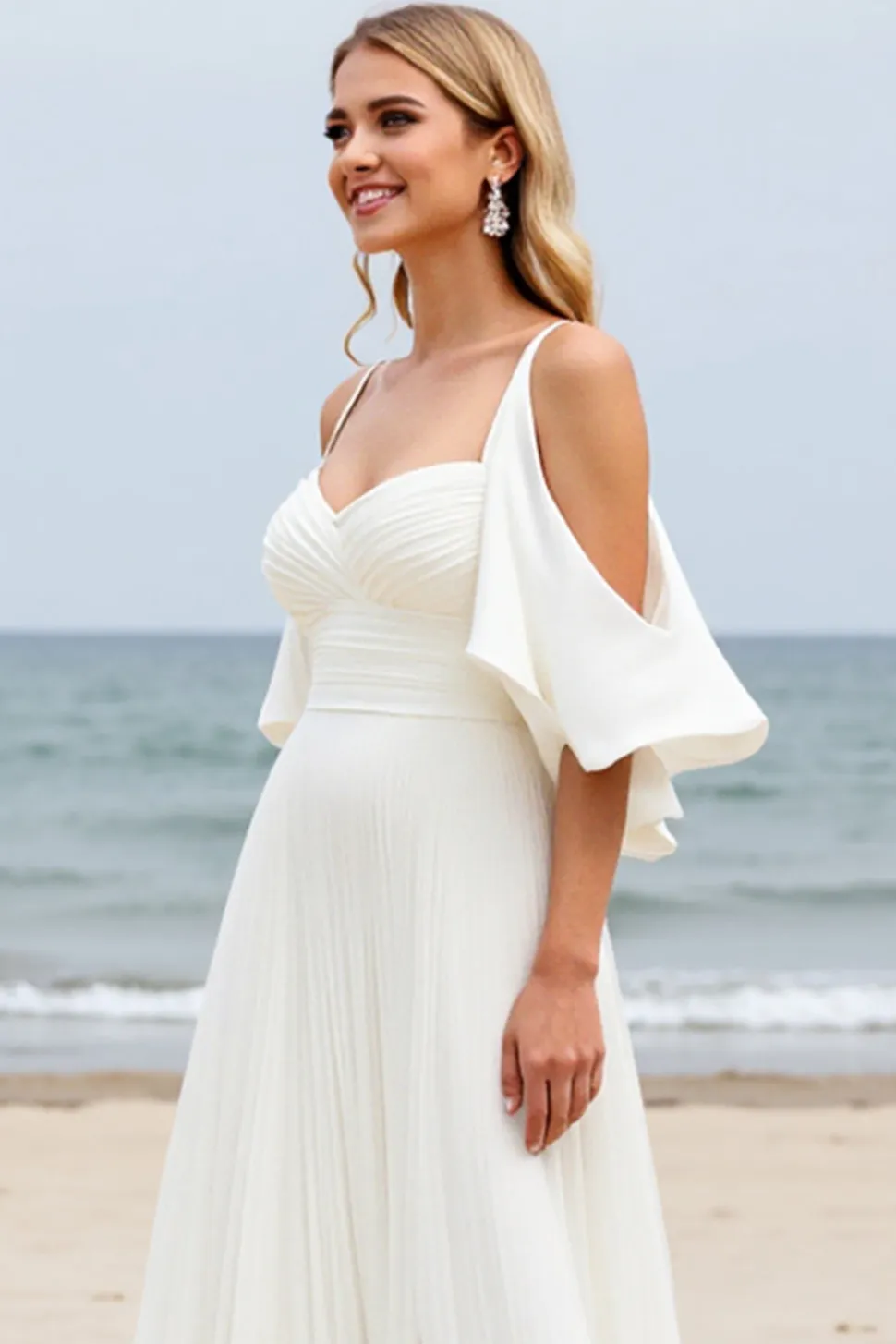 Branco Linha-A Ombro Frio Longos Vestidos de Noiva com Fenda