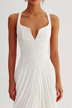 Branco Linha-A Plissado Longo Vestido De Noiva Simples