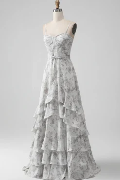 Branco marrom flor espaguete correias uma linha vestido de dama de honra com babados