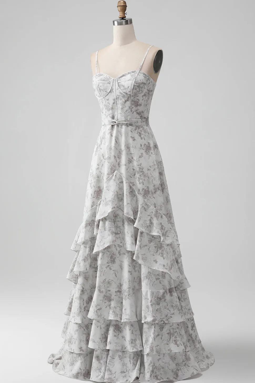 Branco marrom flor espaguete correias uma linha vestido de dama de honra com babados