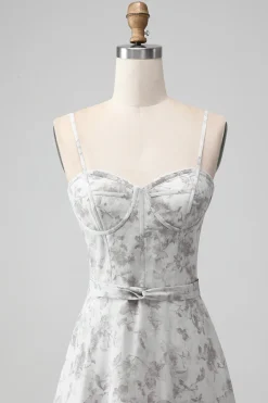 Branco marrom flor espaguete correias uma linha vestido de dama de honra com babados
